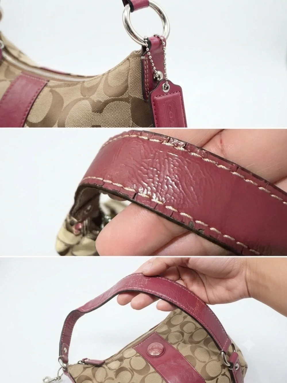Coach Signature Khaki & Berry Red Canvas Hobo Shoulder Bag with Crossbody Strap
